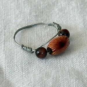 Boho Wire Wrapped Ring Wood Bead Jewelry Silver Earthy Goblincore Fairycore Sz 7